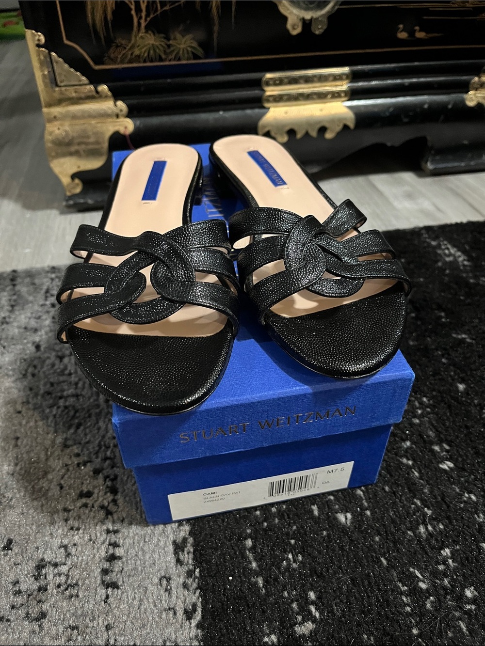 Stuart Weitzman Black Knotted Leather Slide Mules